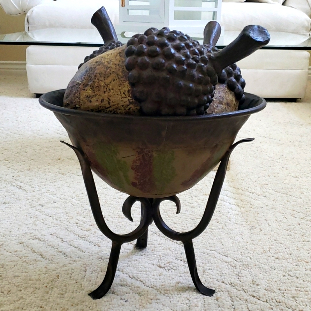 Decorative Set of 3 Acorns in a Wrought Iron Bowl